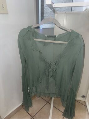 Zara Sage Green Ruffle Tie-Front Blouse